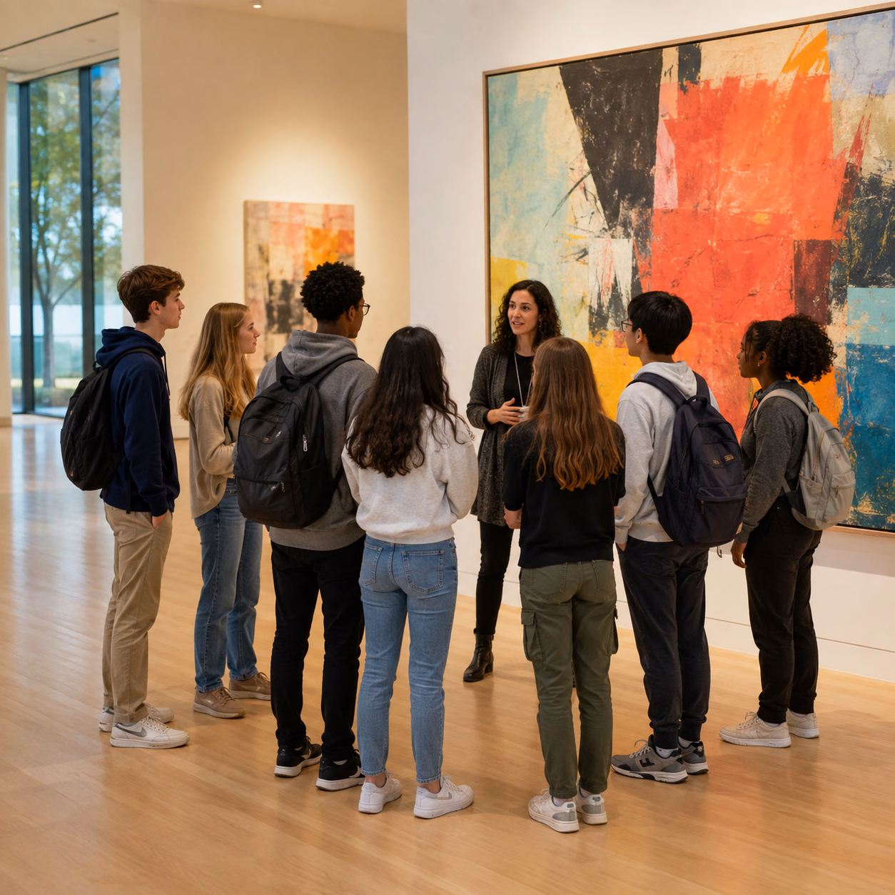 students on a guided visit in a contemporary art museum gallery
